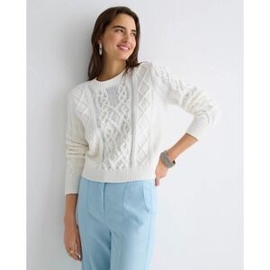 J.Crew Ivory Cotton Cable Knit Crystal Beaded Sweater Size 2X Preppy Classic NWT
